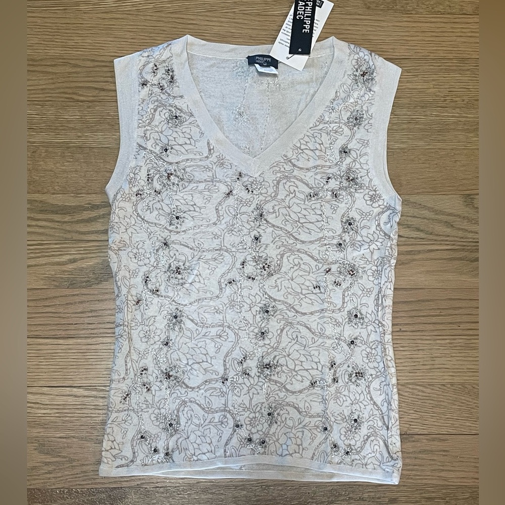 NWT - Philippe Adec 100% Silk Ecru Embroidered V-Neck Knit Top - Sz S